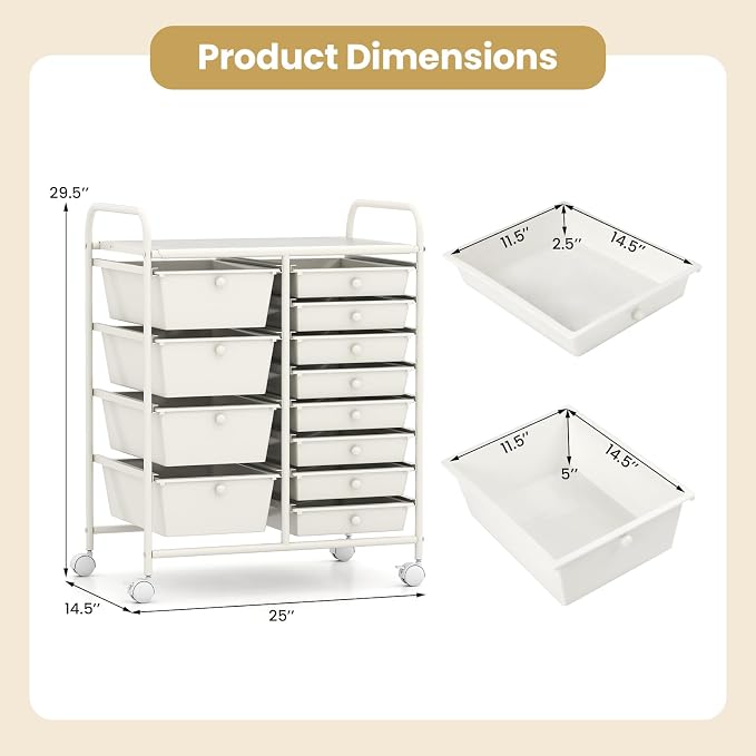 BECOMFORT 15-Drawer Rolling Cart with Drawers, Storage Cart on Wheels, Teacher Classroom Organizers with Metal Frame, Mobile Craft Cart for Tools