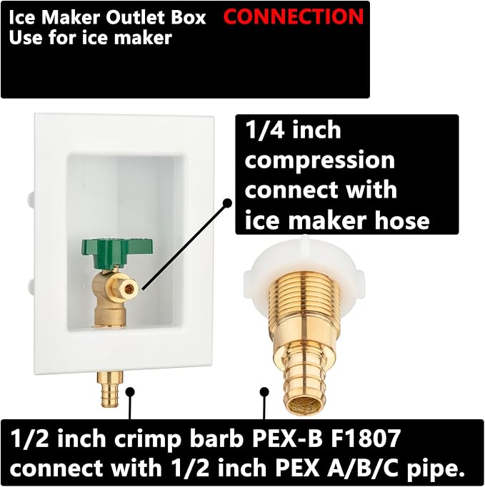 (1 Pack) Lidertik 1/2 inch Crimp PEX-B Pre-Assembled Ice Maker Outlet Box Valve 1/4 inch Recessed Refrigerator Water Line Wall Box with Shut Off Valve LI-ZBQH-520