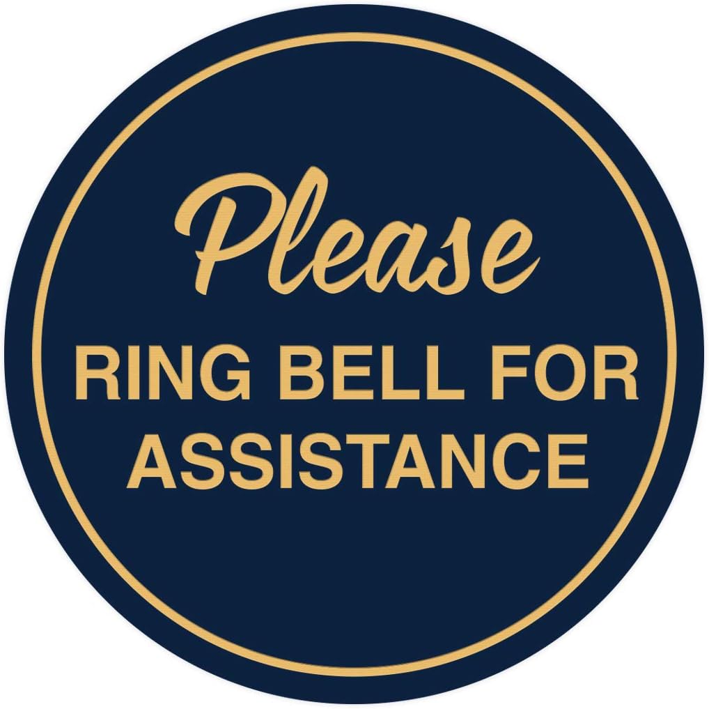 Signs ByLITA Circle Please Ring Bell For Assistance Wall or Door Sign | Easy Installation | Front Desk Reception Sign (Navy Blue/Gold) - Large (10 Pack)