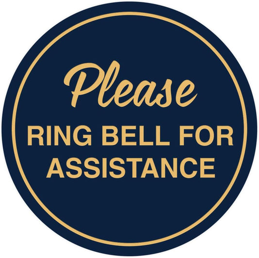 Signs ByLITA Circle Please Ring Bell For Assistance Wall or Door Sign | Easy Installation | Front Desk Reception Sign (Navy Blue/Gold) - Large (1 Pack)