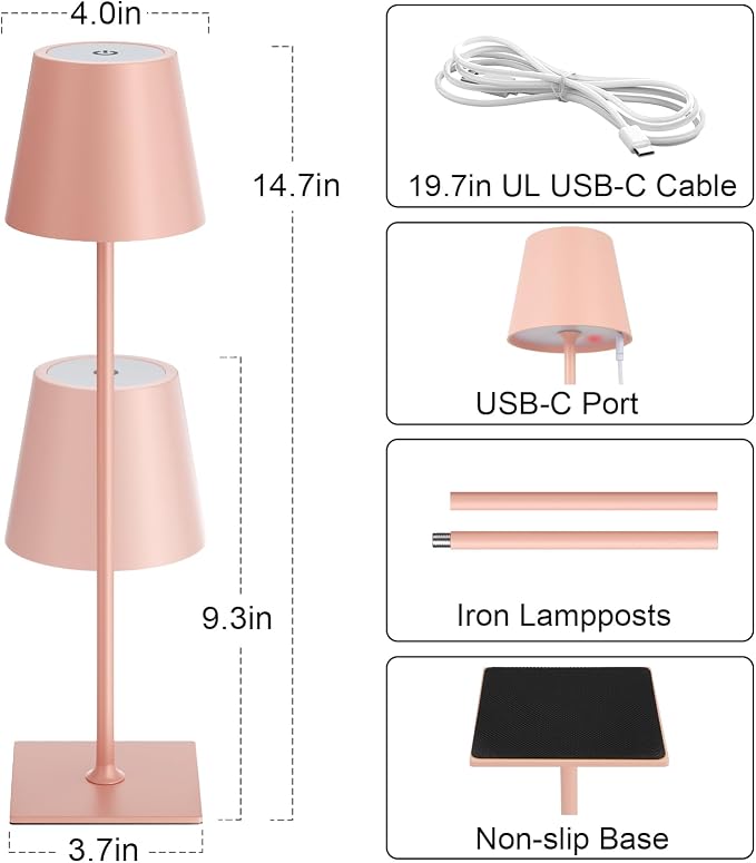Kakanuo Pink Cordless Rechargeable Table Lamp 5000mAh Battery Operated Lamps, 3 Colors Stepless Dimming Touch Lamp for Living Room, Kitchen Counter, Dining, Outdoor Patio, 2 Pack