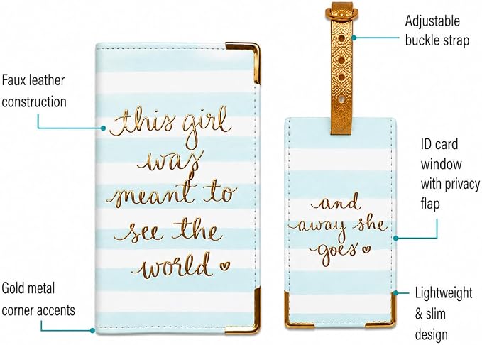 WORD TRAVELER Passport Cover Holder And Luggage Tag Set In Gift Box | Faux Material, Adjustable Buckle Strap, Privacy ID Window, Slim Lightweight Build for Easy Carry