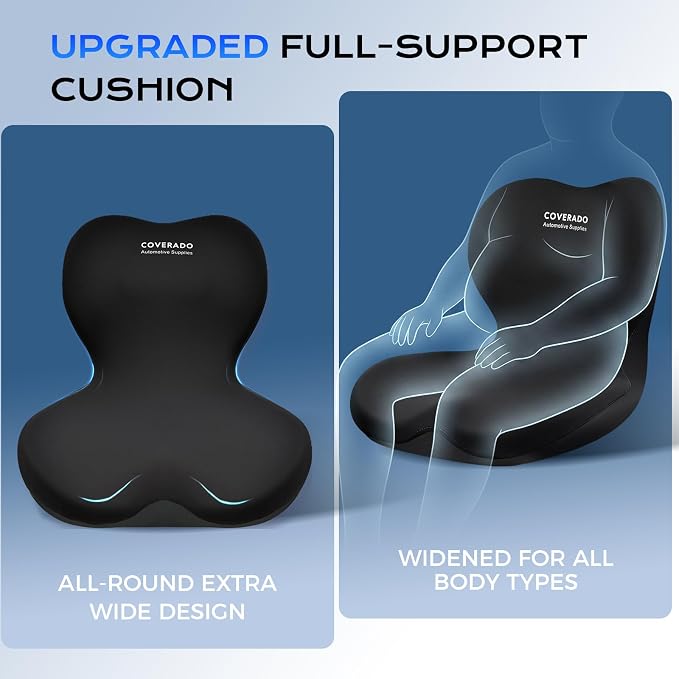 Coverado Car Seat Cushion and Lumbar Support Pillow One Piece, Memory Foam Ergonomic Back Support Driving Seat Cushion for Back Pain, Non-Slip Washable Cushion for Car, Driver, Office