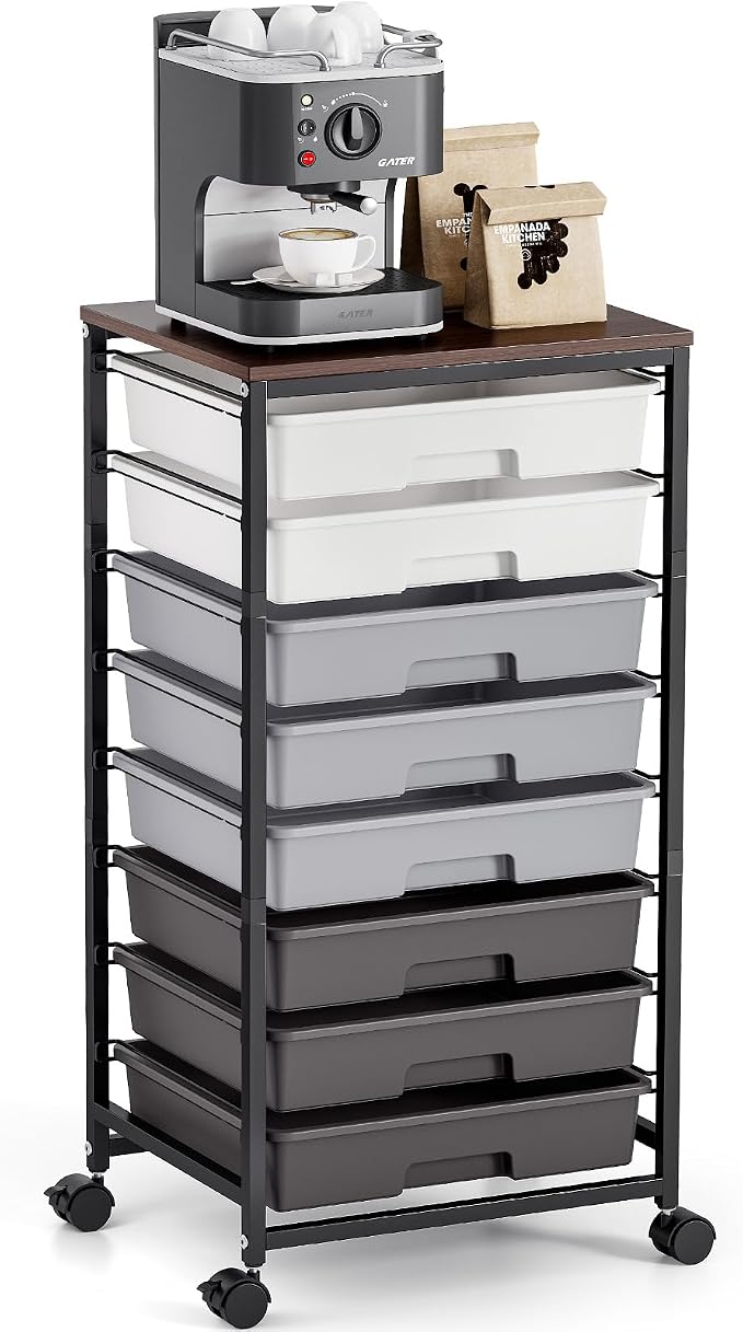 Rolling Storage Cart with 8 Drawers, Utility Cart on Wheels with Wooden Tabletop, Utility Cart for Teacher Storage, Office Organizer, Classroom Storage Cart, Craft Storage, Grey | Utility Cart on Wheels with Wooden Tabletop,Teacher Organization for Cla...