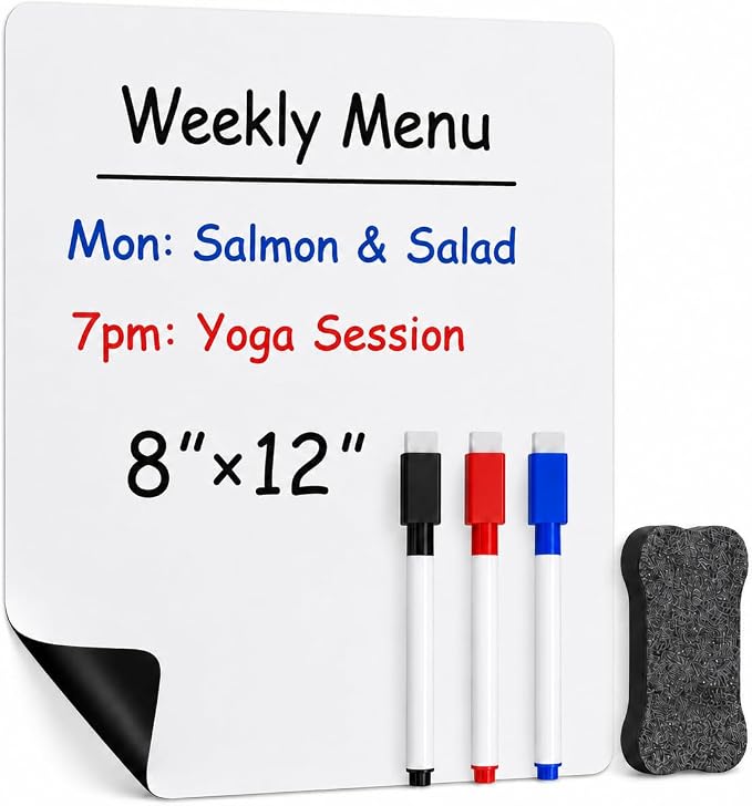 Magnetic Dry Erase Whiteboard 8"x12" for Fridge | Dry erase white board for fridge set with markers, eraser & magnets. Magnetic sheet sticks to fridge whiteboard