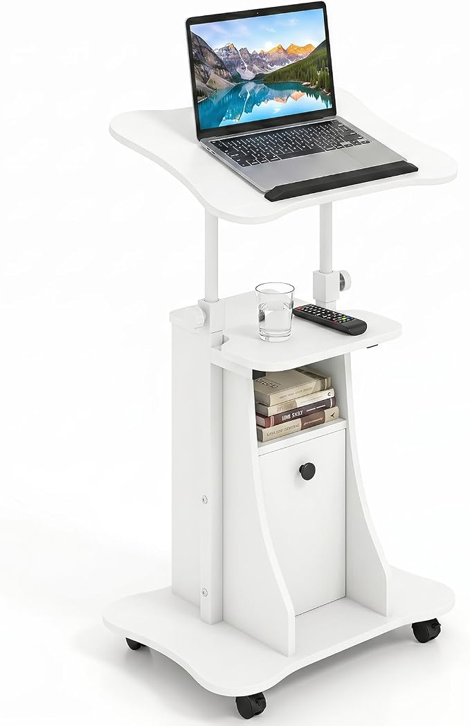 Tangkula Rolling Lectern Podium Stand, Height Adjustable Laptop Table with Tilting Tabletop & Storage Shelves, Compact Standing Desk with Lockable Casters for Home Office School (White)