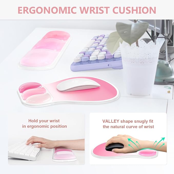 AKIT Ergonomic Mouse Pad and Keyboard Wrist Rest Set,Gel Mousepad,Rose Pink | Wrist Support for Computer Keyboard, Non-Slip PU Base, Pain Relief, Typing Comfort, Fit for Gaming, Office, Home