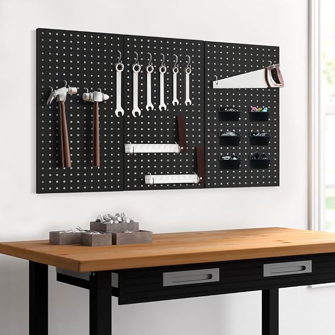 3pcs Heavy Duty Metal Pegboard Panels Black Pegboard | Garage Wall Mounted Tool Organizer for Garage, Workshop Storage and Workbench (12" x 24")