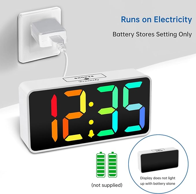 DreamSky Small Digital Alarm Clock for Bedroom, RGB Desk Clock for Kid Girl | Electric Clock with Large Numbers for Bedside Nightstand, Dimmer, Adjustable Alarm Volume, USB Port, USB-C Adapter Powered