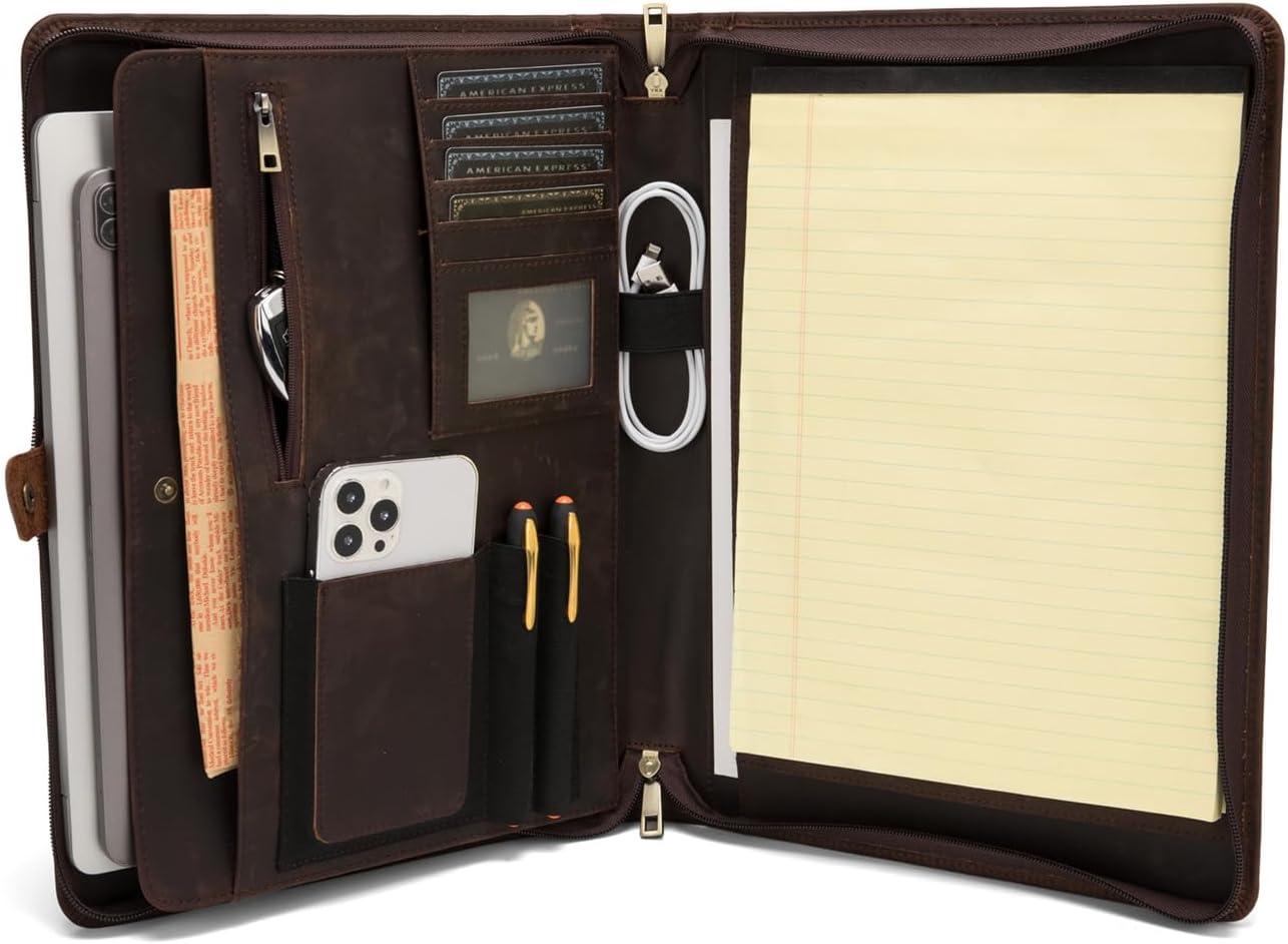 Personalized Genuine Leather Portfolio, Legal Size 8.5 x 14 Pad Holder, Custom Engraved Business Padfolio for Men Women, Zippered Laptop Organizer, Professional Notepad Folio, Dark Brown