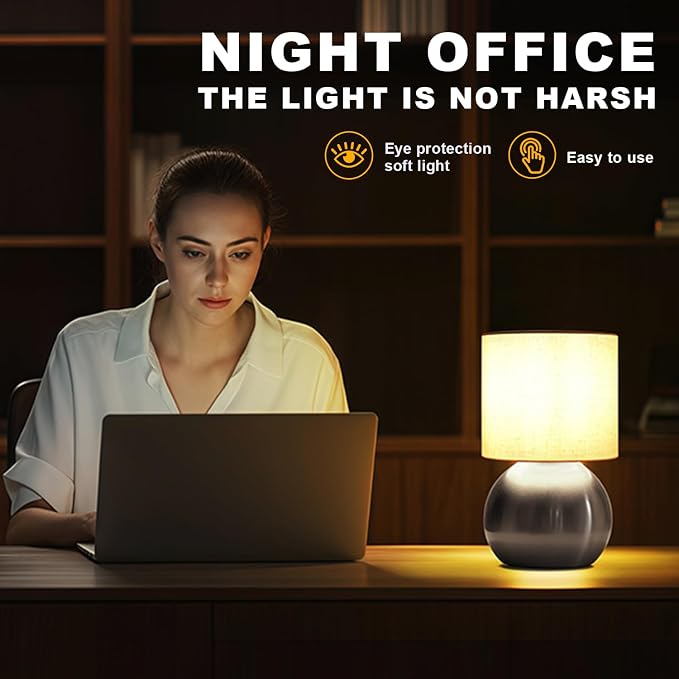 Modern Silvery Small Table Lamp with Cotton Linen Shade, 6.2×6.2×10.4 inch LED Desk Light, One-Button Switch for Bedroom, Living Room, Nightstand, Includes Warm Light Bulb