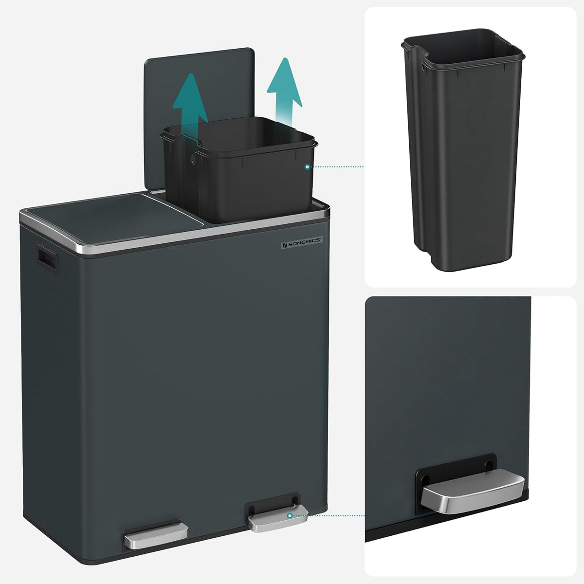 SONGMICS Trash Can, 2 x 8 Gallon (2 x 30 L) Garbage Can for Kitchen, with 15 Trash Bags, 2 Compartments, Plastic Inner Buckets and Hinged Lids, Airtight, Greenish-Gray ULTB60GS02