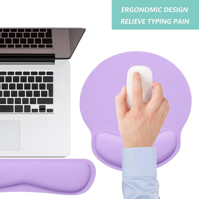 Keyboard Wrist Rest Pad Mouse Pad with Wrist Support Set of 3, Mousepad with Non-Slip Rubber Base, Ergonomic Memory Foam Mouse Wrist Cushion Support for Home Office Laptop Computer Gaming, Purple
