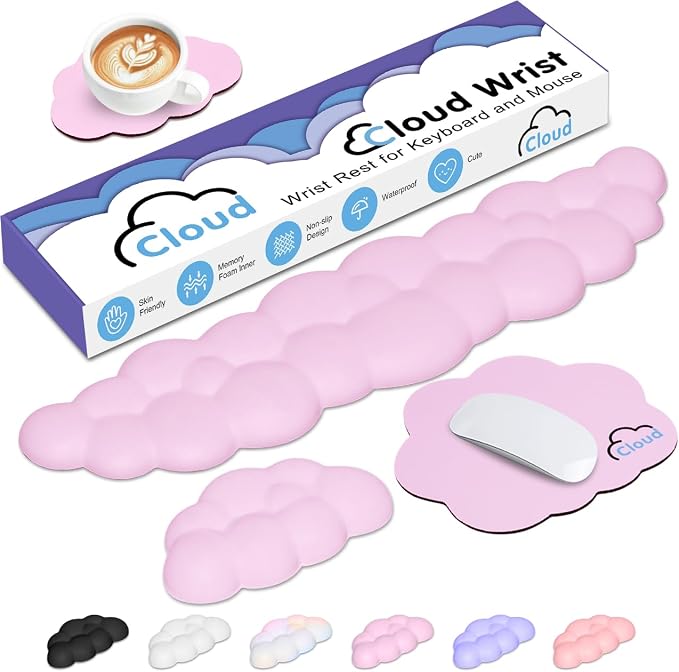 4 in 1 Ergonomic Leather Cloud Wrist Rest Keyboard and Mouse Pad & Coaster | Full 4-Piece Set, Non-Slip PU Base, Soft Memory Foam Comfort For Long Work/Gaming Hours, Cute Desk Decor, Easy To Clean
