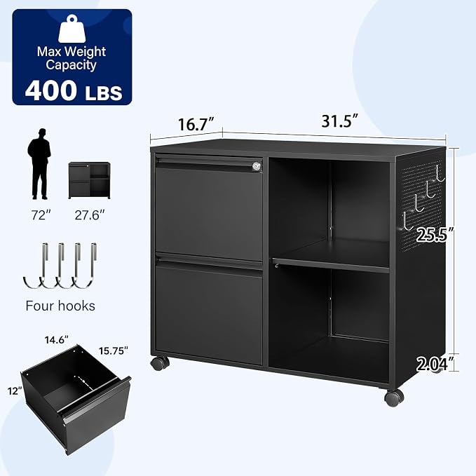 2-Drawer Metal File Cabinet with Lock, Mobile Lateral Filing Cabinet, Printer Stand with Adjustable Storage Shelves for Home Office (Black)