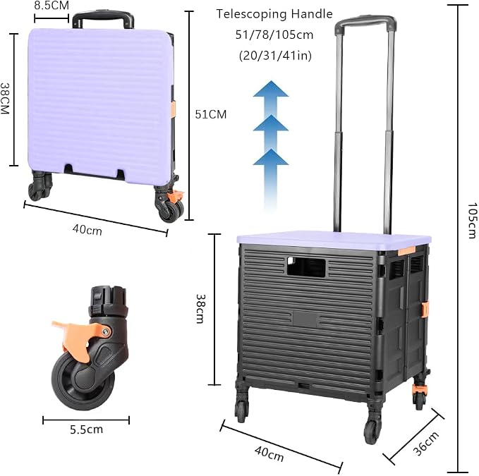 FELICON SELORSS Foldable Utility Cart Folding Portable Rolling Crate-Purple | Heavy Duty,Telescoping Handle,4 Rotate Wheels,Collapsible Handcart for Travel Shop Move Luggage Laundry Teacher Office Use