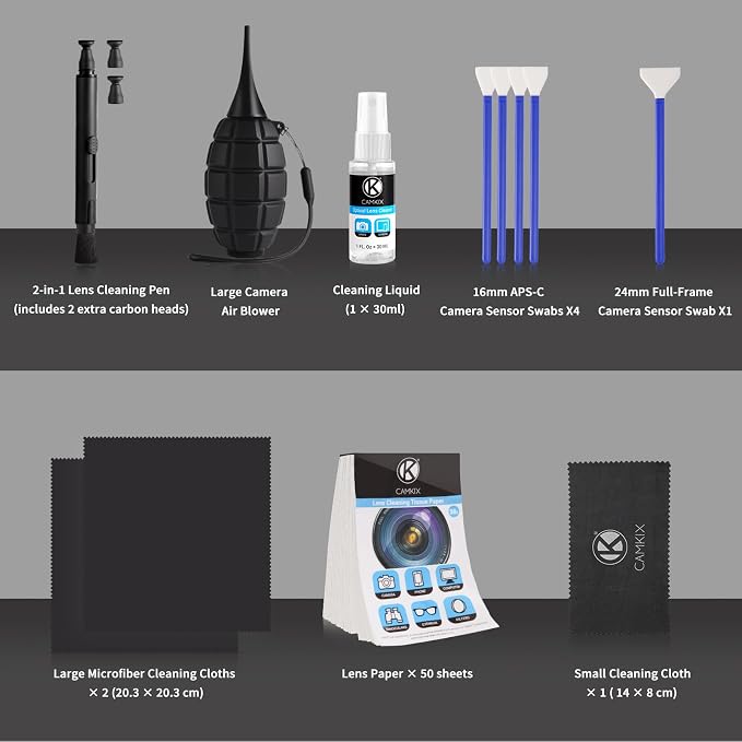 Camkix 14-in-1 Camera Lens Cleaning Kit - Includes Advanced Large Silicone Air Blower, 2in1 Lens Cleaning Pen, Dry Swabs, Cleaning Paper, 30 ML Optical Lens Spray for Mirrorless Cameras, APS-C, DSLR