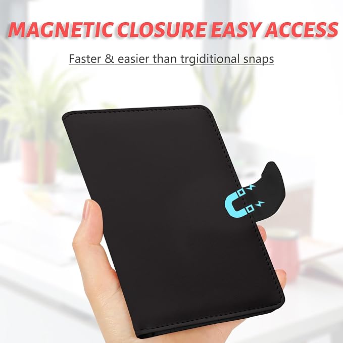 Passport Holder, Cute Travel Wallet Cover with RFID Blocking,Black | PU leather travel wallet with magnetic closure, card slots, pen loop, and easy access for passports and essentials.