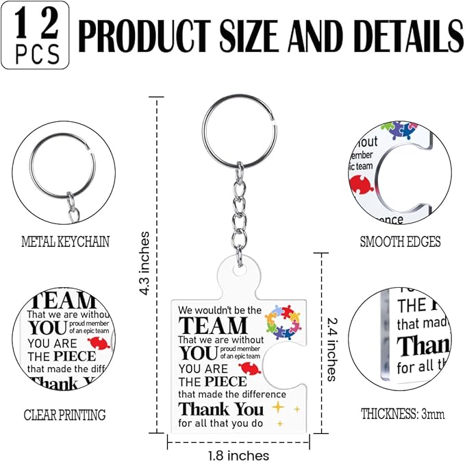 Team Appreciation Gifts Bulk Thank You Keychains for Coworkers | Gift Set for Employee, Staff, Teachers, Teamwork Puzzle Piece Keyring, Acrylic