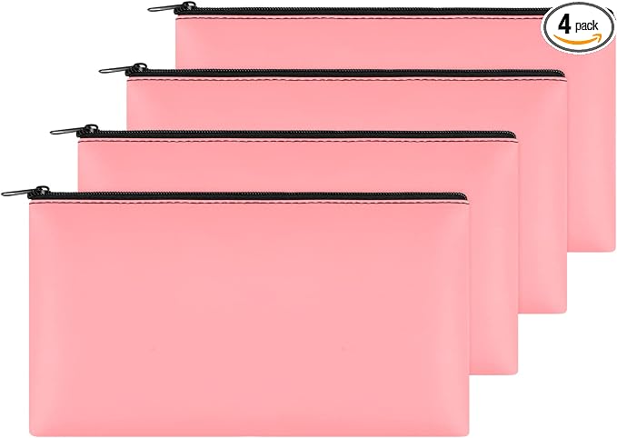 4Pack Money Bag 11 X 6" - Safe Durable Waterproof PU Leather Bank Pouch With Zipper for Cash, Coins, Checks, Makeup, Bills, Receipts, Tool Storage (Pink)