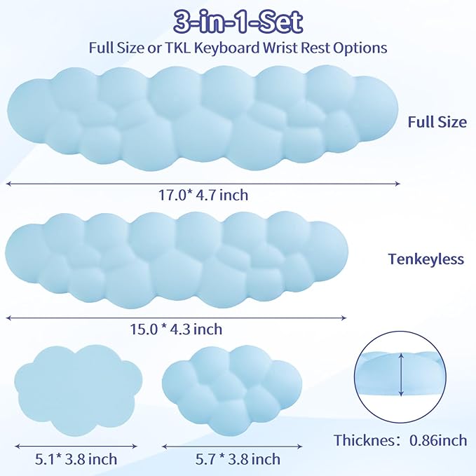Cloud Wrist Rest Keyboard, Cloud Keyboard Wrist Pad Set with PU Leather Memory Foam, Cute Arm Rest for Palm Support, PC/Gaming Desk Accessories/Office Setup/Computer Hand Cushion - Blue