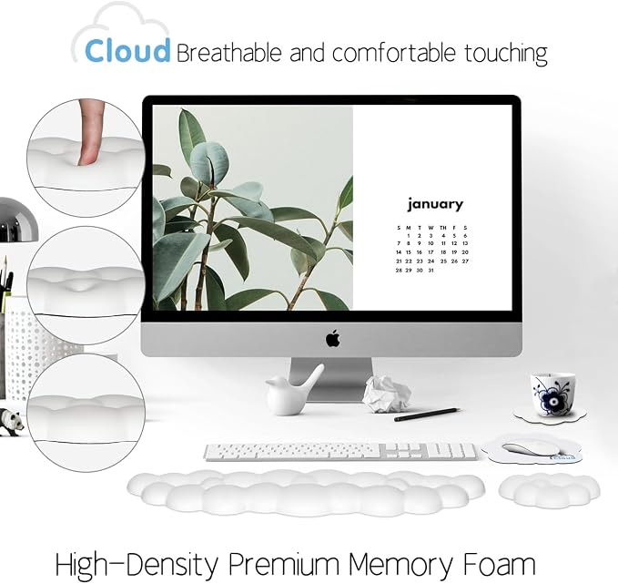 4 in 1 Ergonomic Leather Cloud Wrist Rest Keyboard and Mouse Pad & Coaster | Full 4-Piece Set, Non-Slip PU Base, Soft Memory Foam Comfort For Long Work/Gaming Hours, Cute Desk Decor, Easy To Clean