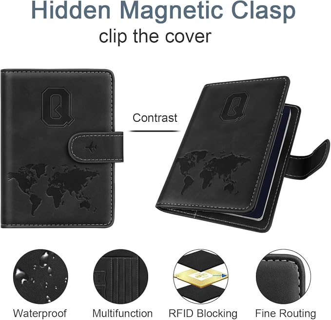 Passport Holder for Travel Essentials Personalized Initial Wallets | Embossed Letter A-Z Design, RFID Blocking, Passport Cover, Passport Book Holders, Men and Women, Personalized Gifts, Black-Q