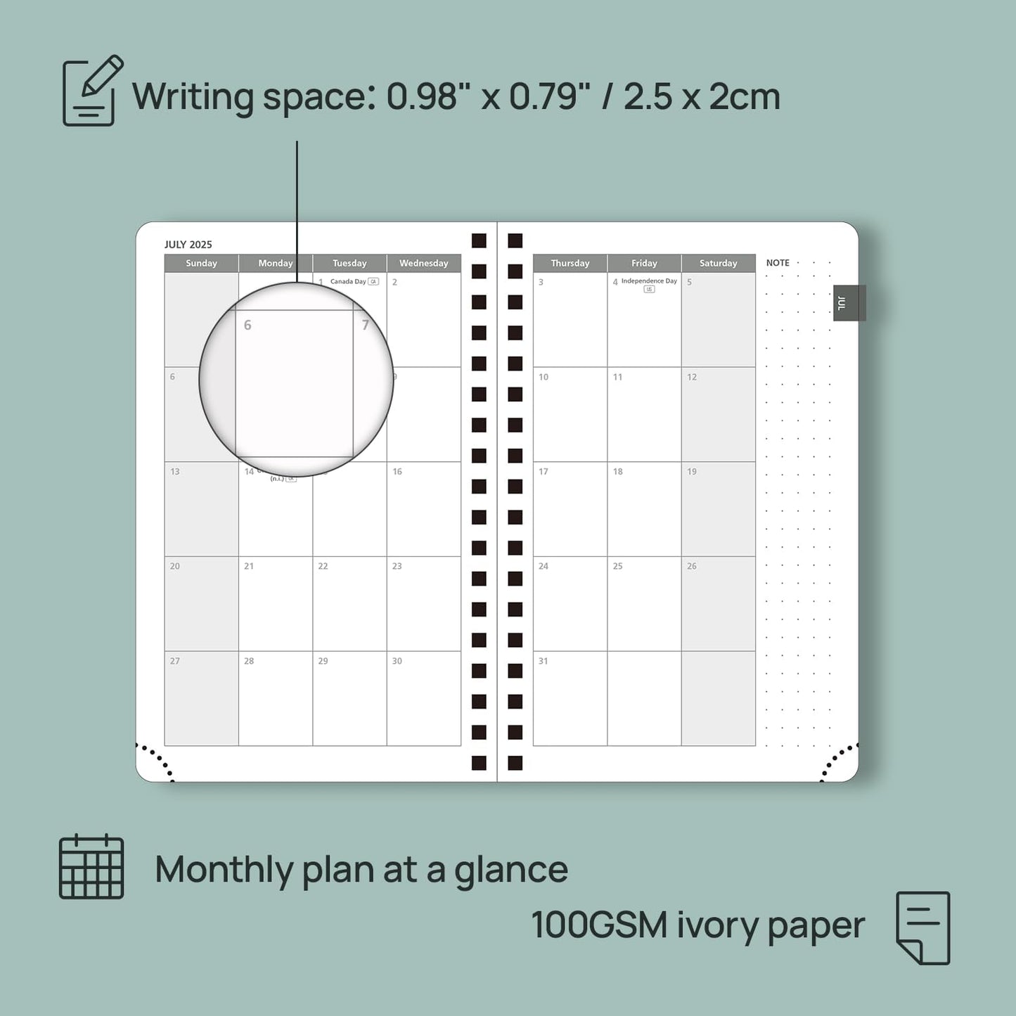 POPRUN Pocket Planner 2025-2026 (Spiral Hardcover - 4''x 6.25''), Daily Weekly and Monthly (July 2025 - June 2026) with Hourly Time Slots, for Purse, 100 GSM - Pacific Green