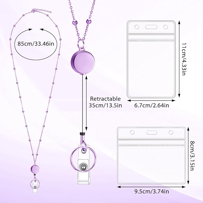 Lanyards for Id Badges Stainless Steel Badge Lanyards with 2 Pcs Waterproof Id Badge Holder Retractable Id Badge Lanyards Teacher Lanyard for Cruise Ship Key Cards Id Badges (Purple)