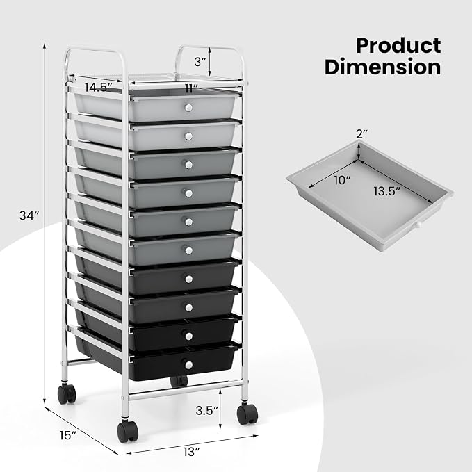 COSTWAY 10-Drawer Rolling Storage Cart, Utility Mobile Trolley | Removable Drawers & Universal Casters & 2 Brakes, Versatile Flexible Drawer Organizer Cart for Home, Office (Mixed Black)