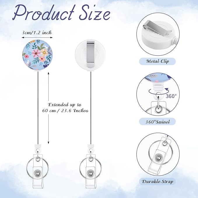 BESARME 3 Pack Badge Reels Retractable Badge Clip with Key Ring Retractable Badge Holders for Office Worker Teacher Nurse Student（Blue Flower）