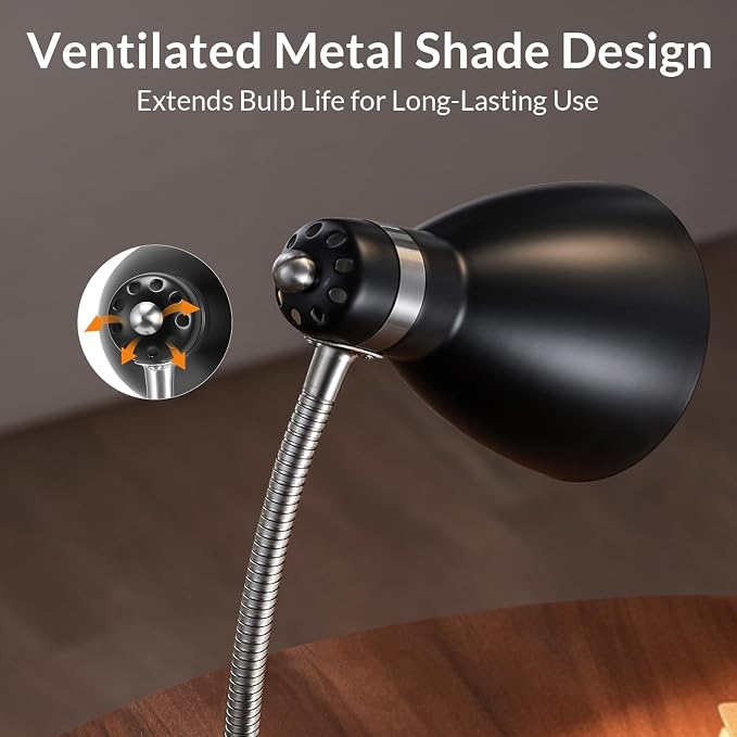 LEPOWER Metal Desk Lamp, Adjustable GooseNeck Reading Light for Bedroom | Compact & Sturdy, Space-Saving for Bedside & Dorm, E26 Table Lamp, Eye-Caring, Ideal for Study, Office, Back to School