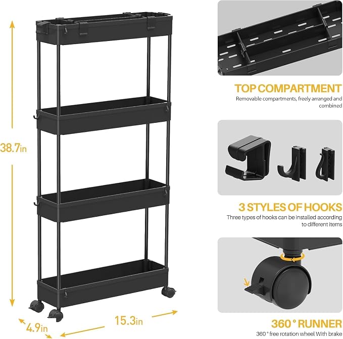 2-piece Set Slim Storage Cart 3 Tier,Bathroom Organizer Rolling Utility,Mobile Shelving Unit Slide Out for Office, Kitchen, Laundry Room & Narrow Places