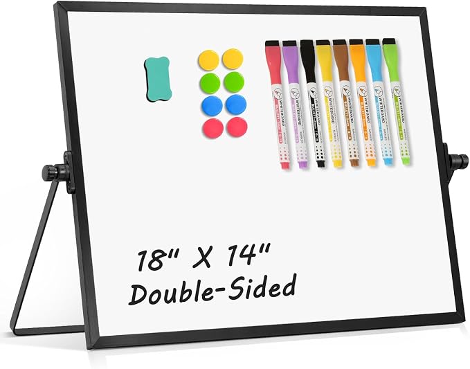 Double-Sided Magnetic White Board with Stand, 18" x 14" (Black) | Dry Erase Board with Stand, Desktop Whiteboard Easel , Portable Small White board dry erase for Drawing, Office, Home