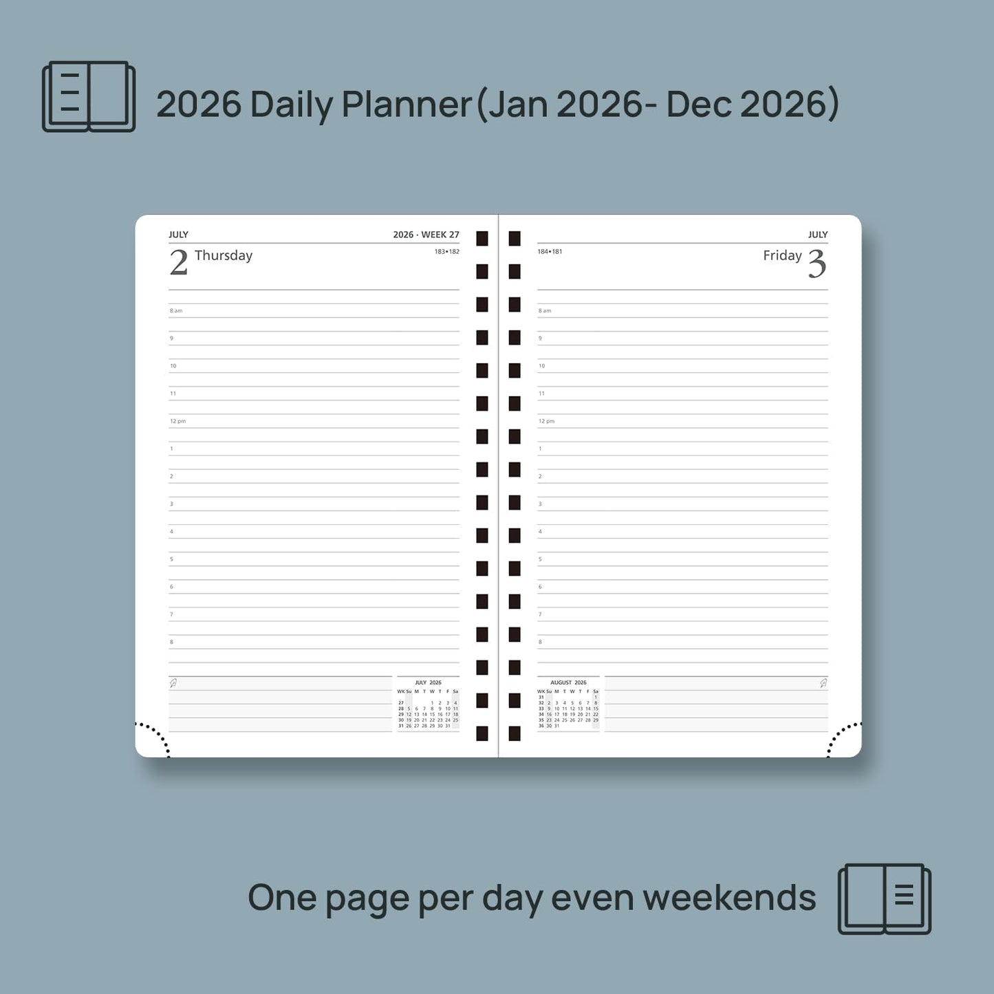 POPRUN 2026 Daily Planner One Page A Day - [8.5" x 5.75" Wire-Bound Hard Cover] Agenda 2026 Hourly Appointment Book with Monthly Calendar, Inner Pocket, Ivory Paper - Haze Blue