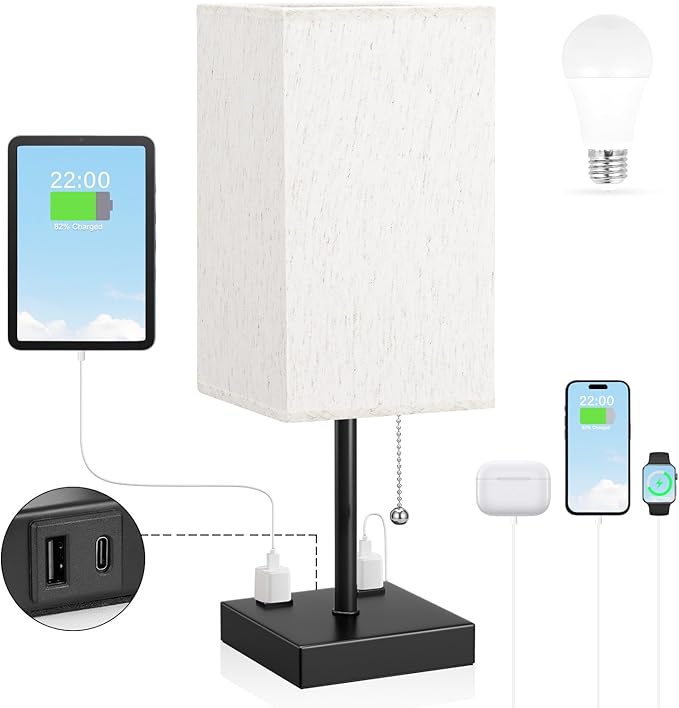 Bedside Lamp for Bedroom - 3 Color Temperatures, USB A+C, 2 AC Outlets | Pull Chain Switch, LED Bulb Included, Cream Fabric Shade, 17.4" Table Lamp for Nightstand, Desk, Living Room, Office