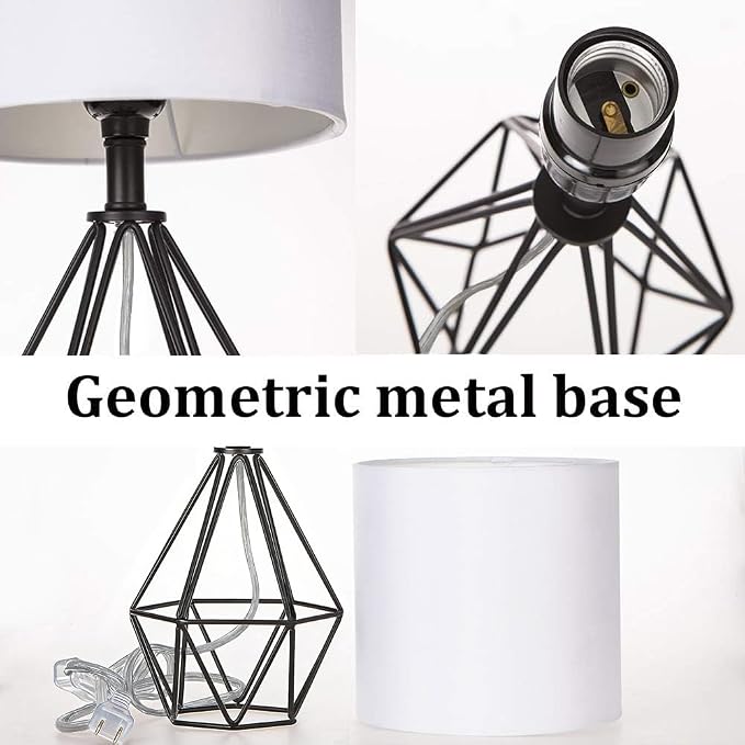 Black Bedside Table Lamp,Small Nightstand Lamp for Bedroom,Modern Desk Lamp with TC Fabric Shade Geometric Metal Base for Living Room Study Office Farmhouse