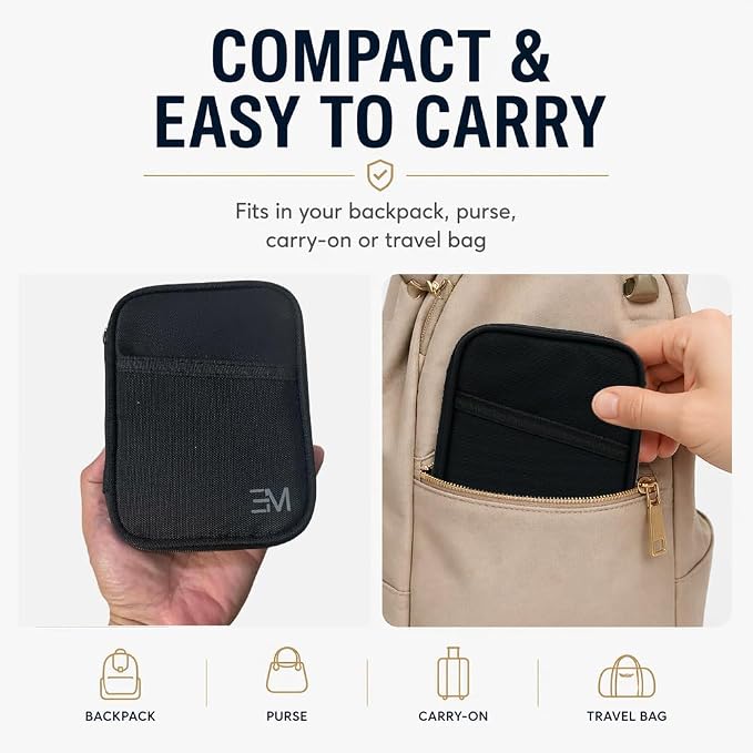 EM RFID Passport Holder with Zipper for Travel, AirTag Card Case, Black | Ideal for 1 passport, cards, cash, ID and boarding pass. Size: 4.7 x 0.8 x 6.1 in (L x W x H) with discreet AirTag pocket