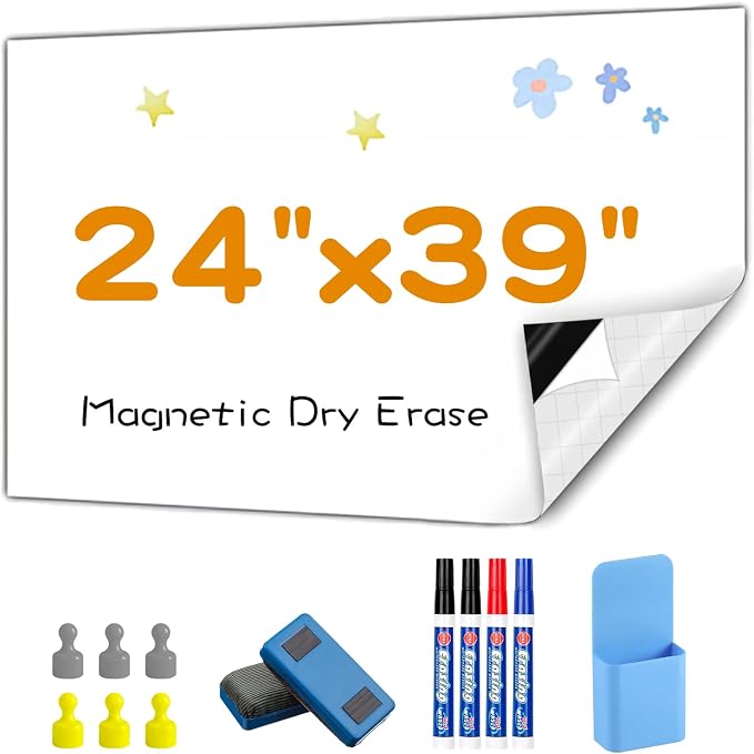 Magnetic Dry Erase Board Contact Paper 24"x39" for Wall | Stick on magnetic white boards for walls. Magnet receptive magnetic board for wall holds magnets.
