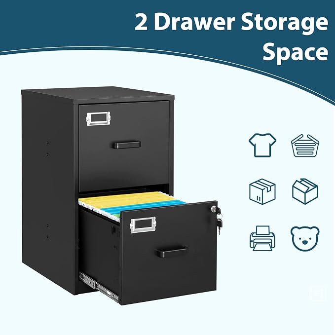 MIIIKO 2 Drawer Filing Cabinet with Lock, Metal Vertical File Cabinets for Home Office, Lockable File Storage Cabinets Under Desk, Letter/A4 File Folders Storage(Assembly Required)