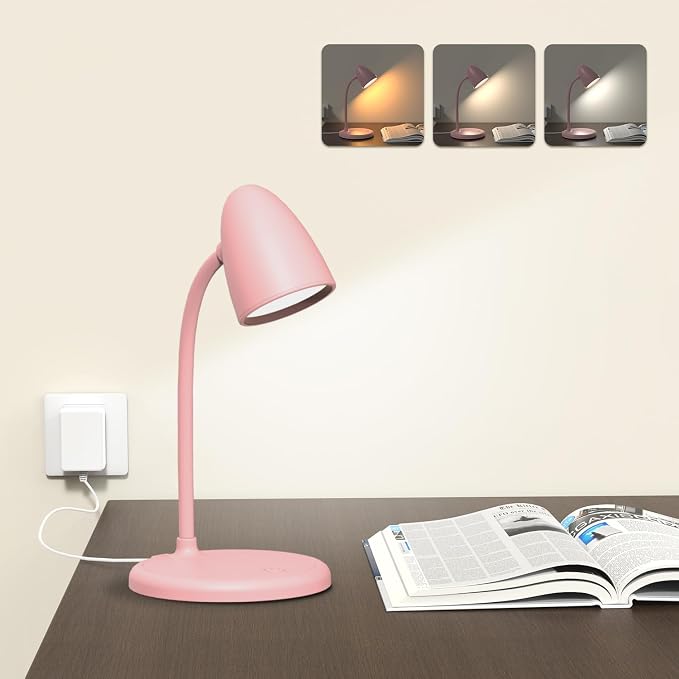 LED Desk Lamp for Home Office,Dimmable Table Lamp 3 Light Colors | Reading Light for Bedside Small Desk Lamp for College Dorm Room,Bedroom Desk Light Pink