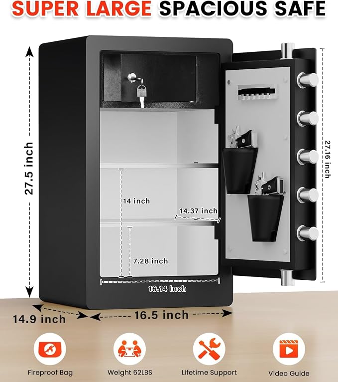 6.6 Cu Ft Fireproof Biometric Safe for Home Office | Large Heavy Duty Safe Box with Fingerprint & Keypad, Document Safe with Hidden Compartment, Anti-Theft Alarm, Fireproof Bag