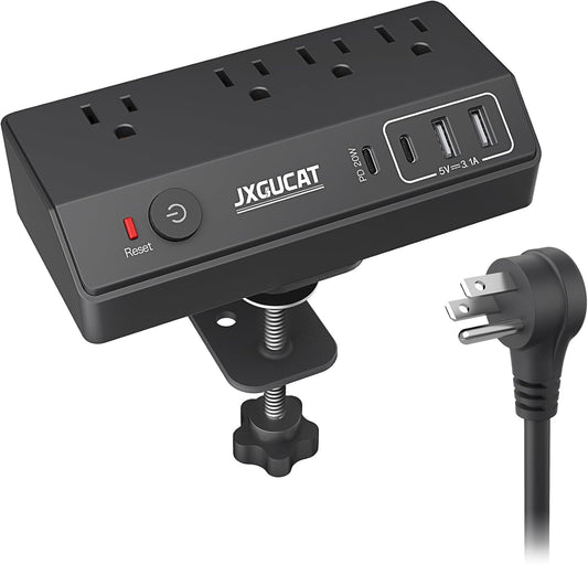 Desk Clamp Power Strip with PD 20W USB C, JXGUCAT Removable Fast Charging Desktop Edge Power Strip Surge Protector, 10 ft Extension Cord Flat Plug with 4 Outlet 4 USB Ports, Fit 1.8" Tabletop Edge