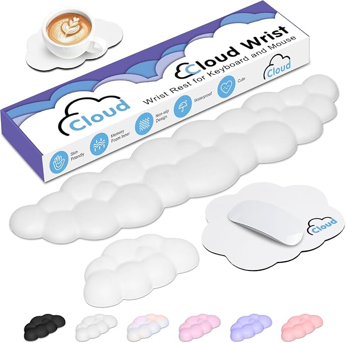 4 in 1 Ergonomic Leather Cloud Wrist Rest Keyboard and Mouse Pad & Coaster | Full 4-Piece Set, Non-Slip PU Base, Soft Memory Foam Comfort For Long Work/Gaming Hours, Cute Desk Decor, Easy To Clean