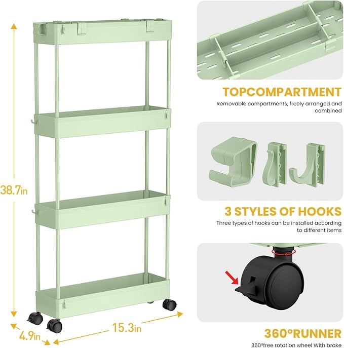 2-piece Set Slim Storage Cart 3 Tier,Bathroom Organizer Rolling Utility,Mobile Shelving Unit Slide Out for Office, Kitchen, Laundry Room & Narrow Places