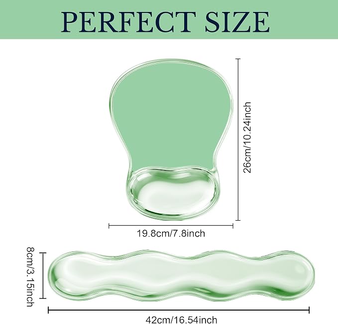 Keyboard Wrist Rest & Ergonomic Mouse Pad with Wrist Rest Set, Cute Transparent Gel Wrist Rest for Keyboard and Mouse, Soft Support for Pain Relief, Office, Gaming Desk Accessories（Green）