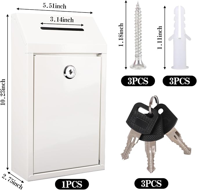 Metal Donation Box with Lock Ballot Box Drop Box with Lock Suggestion Box with Slot and Locks Metal Locks Boxs Comment Box Voting Box Key Drop Box for Home Office(White,10.24 x 5.71 x 2.95 Inch)