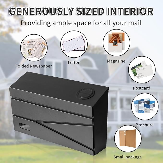 Ydocabinit Wall Mount Mailbox, Large Capacity Mailbox for House, Visibility Galvanized Steel Rust-Proof Metal Post Box Drop, Mailboxes for Outside, 15.74"×9.84"×4.33" Solar Lanterns Black