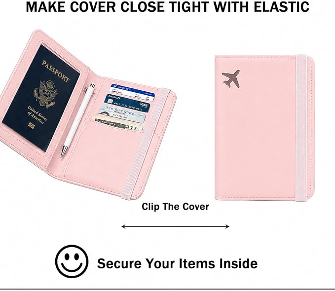 RFID Blocking Passport Holder for Travel – PU Leather Waterproof Lightweight Passport Cover Wallet for Women Men, Travel Organizer with Card Slots for Airline Tickets & Passport Book, Pink