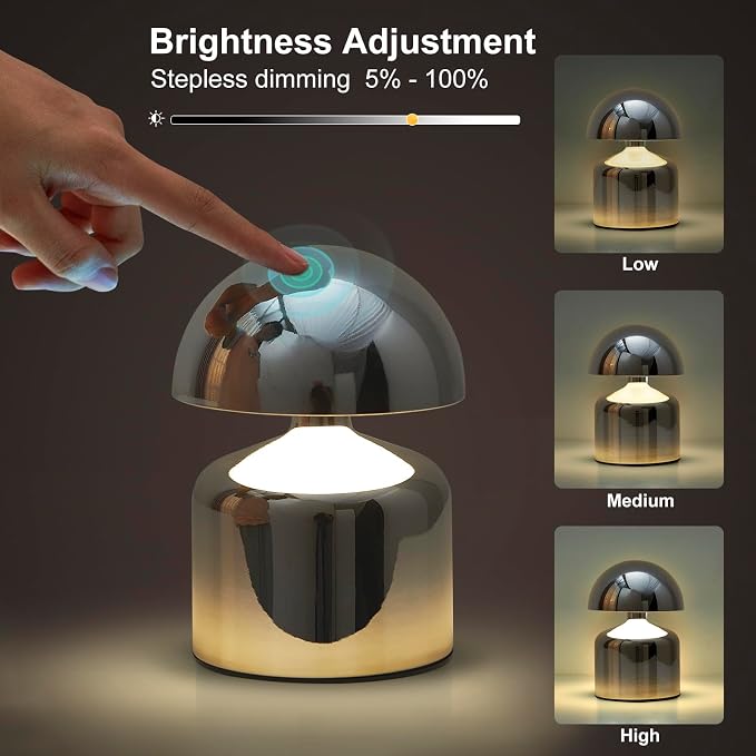 SAIWEYA Modern Cordless Mushroom Small Table Lamp, Dimmable Touch Battery | 3-Way Dimmable, Mini Rechargeable LED Desk Lamp, Night Light, Bedside Nightstand Lamps for Bedroom, Living Room